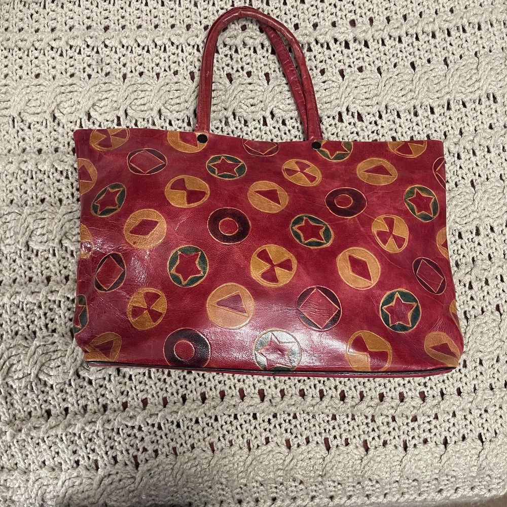 Leather‎ Tote Bag Womens Red Geometric Circle Pattern Handbag Purse Snap Top